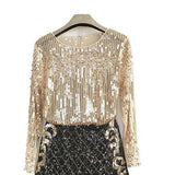 Woman Sexy Long Sleeve Perspective Gauze Mesh Lace Shirt Sequined Bead Embellished shiny Transparent Luxury Blouse Top