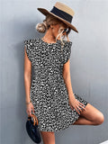 Round Neck Flying Sleeve Retro Leopard Print Dress Ladies Casual Short Skirt