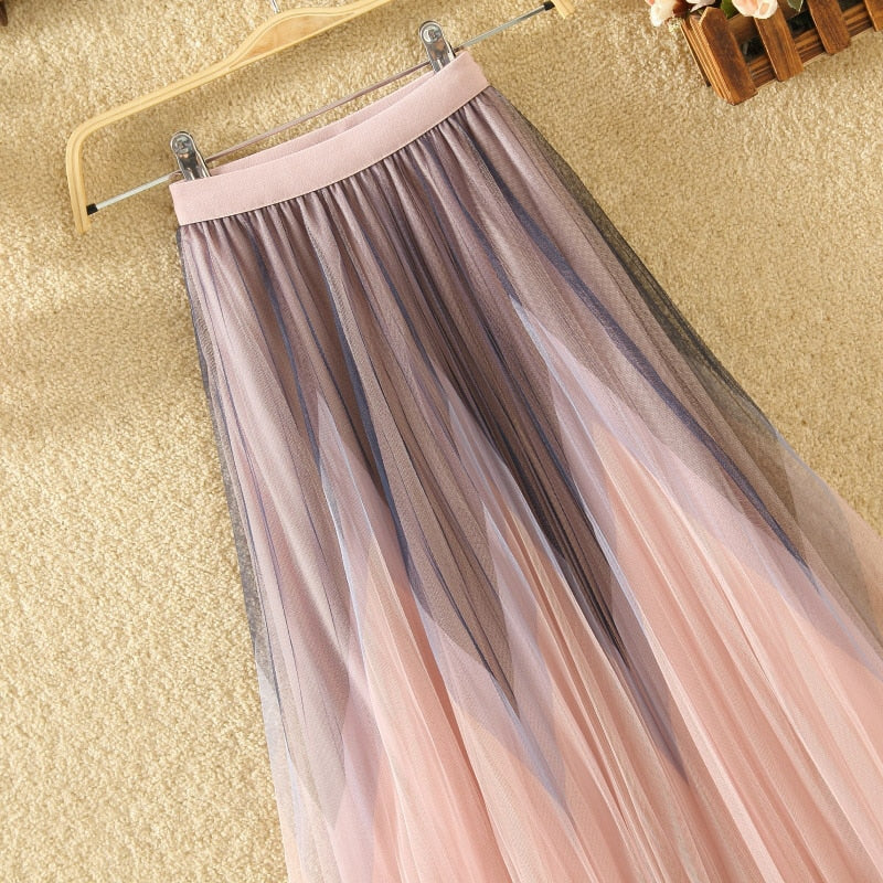 Women High Waist A-Line Pleated Gradient Mesh Elegant Sweet Skirt Streetwear