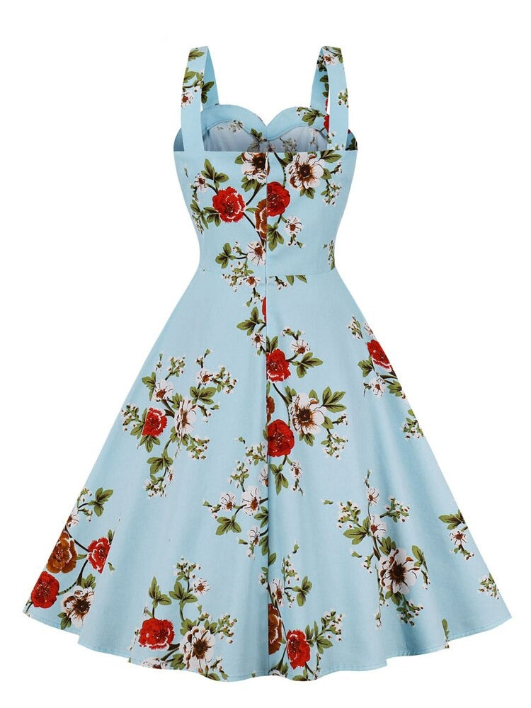 Sweetheart Neck Knot Front 50s Pinup Floral Vintage Evening Elegant Party Women Cotton Summer Tank Dresses