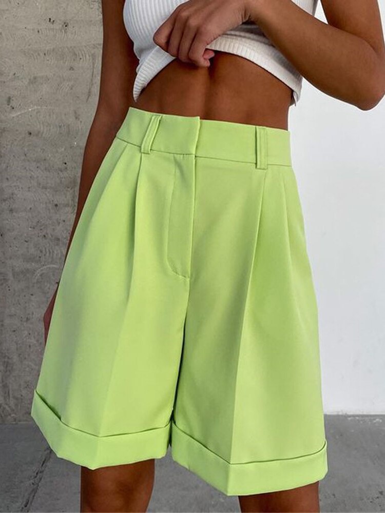 New Summer Suit Flanging Pocket Zipper Hidden Buckle Solid Color Casual Pants Straight Shorts