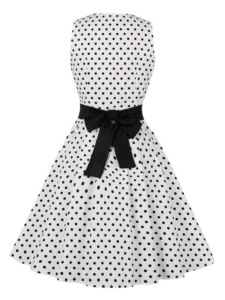 Sweetheart Neck Button Up Pinup Robes Polka Dot Vintage White Women Sleeveless Pocket Side Belted A-Line Dresses