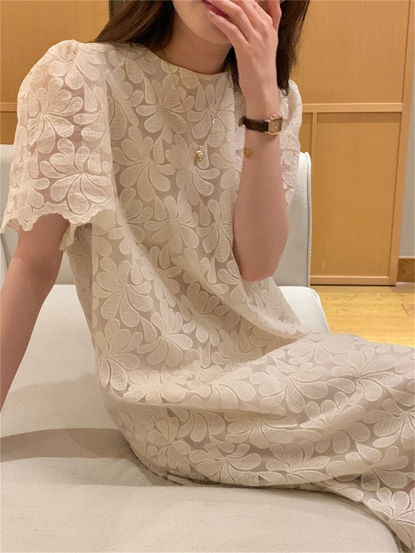 Apricot Lace Straight Loose-Fitting Casual Women Slim Summer Dress