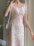 New Women Elegant Flower Print Midi Dress Female Vintage Korea Style One Piece Robe Femme Fashion Clothing