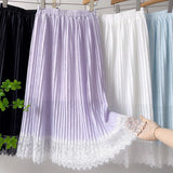 Women Lace Patchwork Pleated Sweet Solid Elastic High Waist Elegant Skirt Streetwear