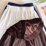 New Women Velvet Patchwork A-Line Tutu Sweet Solid Mesh Elastic High Waist Elegant Pleated Skirt
