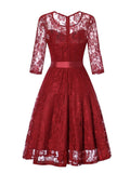 Elegant Lace Party Vintage 3/4 Length Sleeve Belted A-Line Ladies Swing Dresses