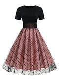 Black and Pink Vintage Long Dresses for Women Autumn Winter High Waist Dotted Mesh Pleated 50s Retro Long Dress