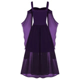 Halloween Party Witch with Charming Patchwork Bat Sleeves Big Swing Halter Dress Girls Play Costume