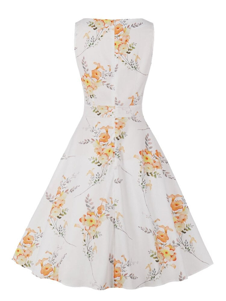 O-Neck Sleeveless Floral Print 50s A-Line Summer Women Pocket Side Vintage Dress