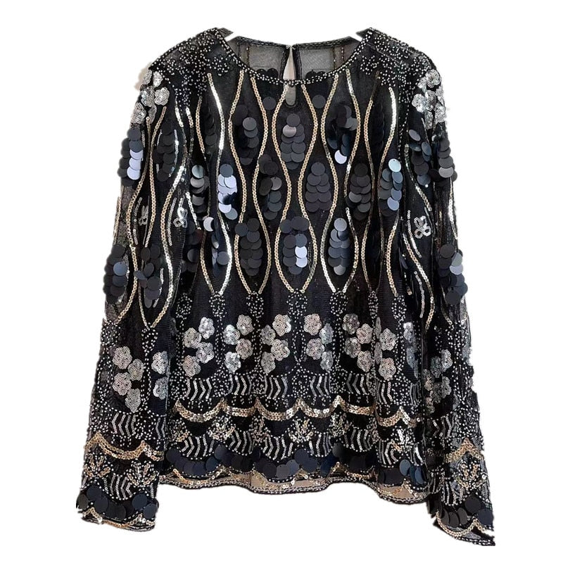 Women Vintage Heavy Industry Pearl Beads Embroidered Flower Round Sequins Long Sleeve Black Beige Pink T-shirt