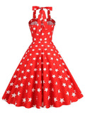 Halter Neck Star Print 50s Robe Summer Fit and Flare Swing Women Evening Party Sexy Backless Vintage Dress