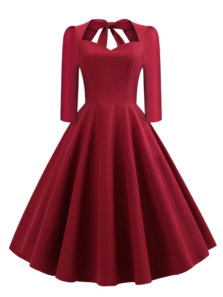 Sweetheart Neck Burgundy Solid A-Line Vintage Party Women Evening Elegant Autumn 3/4 Length Sleeve Midi Dress