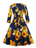 Yellow Sunflower A Line Vintage Cotton Spring Autumn 3/4 Length Sleeve Women Elegant 1950s Floral Dresses