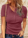 Casual Thread Knitted Button Solid Color Pullover Short Sleeve Slim Fit Bottomed T-Shirt Top