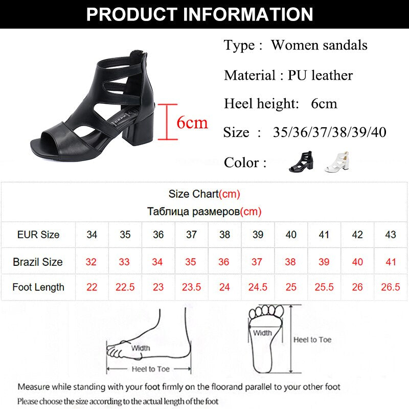 Sexy Peep Toe Square Heels Sandals Women Black PU Leather Hollow Out Gladiator Sandalias Mujer Summer Beach Shoes