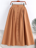 Spring Summer Front Buttons Big Swing A Line Side Pockets Elastic High Waist Casual Midi Skirt