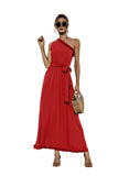 Women Sexy Slanted Shoulder Solid Color Ruffled High Waist Bandage A Line Party Dress