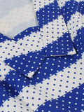 Blue and White Striped Pinup 40s 50s Women Vintage Pleated Dress V Neck Short Sleeve Polka Dot Print Retro Dresses