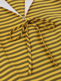 Notched Collar Bow Front Yellow Striped 40s 50s Retro Pleated Dress Short Sleeve Elegant Women Vintage Midi Dresses