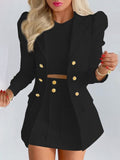 Leisure Women Double-breasted Long Sleeve Suit 2-piece Office Dress Skirt Set