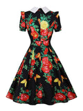 Turn-Down Collar Short Sleeve Summer Retro Floral Holiday Women High Waist Pleated Vintage Green Dress