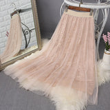 Women A-Line Pleated Elastic High Waist Mesh Lace Skirts Elegant Streetwear