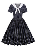 Knot Neck Navy Blue Vintage Polka Dot Pleated Long Women 95% Cotton Retro Swing Robe Dress