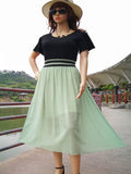 New Women Office Casual High Waist Ruffle Round Neck Pleated Short Sleeved Dress