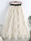 Ruffle Tulle Skirt With Decorative Belt Elastic High Waist Casual Pleated Midi Skirt