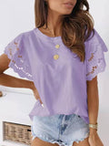 Women Round Neck Stitching Lace Short Sleeve Top Petal Sleeve Tshirts