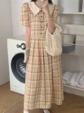Vintage Long Plaid Summer Stylish New Women Short Sleeve Slim Office Lady Casual High Waist Work Wear Dress