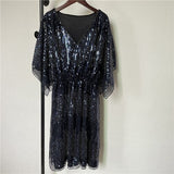 New Glittering Nail Bead Sequin Waist Elastic Bat Sleeve Vintage Vestido Christening Dress