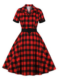 Women Cotton Rockabilly Vintage Turn-Down Collar Short Sleeve A-Line Summer Solid and Plaid Belt Dresses