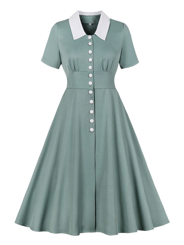 Turn-Down Collar Short Sleeve Single Breasted A-Line Vintage Midi Elegant Women High Waist Summer Long Dress