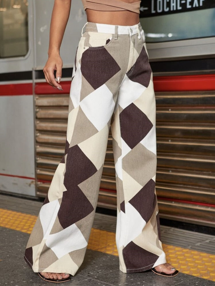 New Leisure High Waist Straight Print Denim Trousers Women Loose Plaid Street Pants