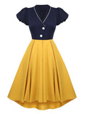 Navy Blue and Yellow Women Elegant V-Neck Button Front Vintage Style High Low Hem A-Line Party Midi Dresses