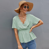 Vintage Solid Summer Women Blouse Shirt Casual Short Sleeve Slim Lace Crop Top