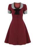 Contrast Collar and Cuff Bow Front Button Up A-Line Women Elegant Summer Ladies Midi Vintage Dresses