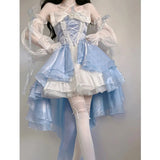 Elegant Girl Cosplay Princess Puff Sleeve Ribbon Bowknot Flower Tunic Mesh Fantastic Fairy Lolita Dress