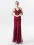 Vintage Floral Sequin Embroidered Mesh Maxi Dresses for Women Spaghetti Strap V-Neck Sexy Evening Prom Party Long Dress