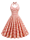 Pink and Yellow Plaid Textured Elegant Evening Party Sexy Summer Women Backless High Waist Vintage Dress