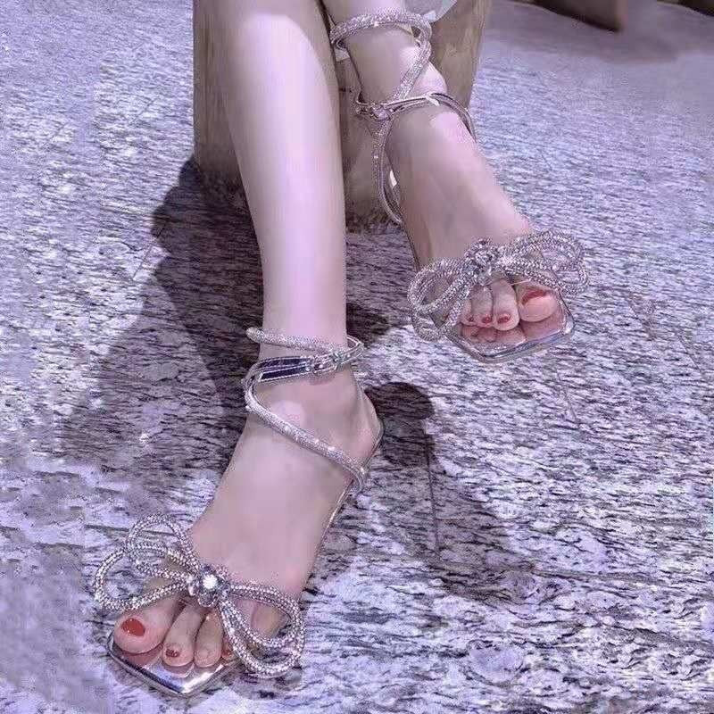 Women Sexy Stiletto High Heels Crystal Sandals Rhinestone Bowknot Party Shoes Summer Ankle Strap Sandalias