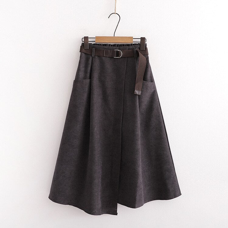 Spring Women Elastic High Waist A-Line Belt Solid Pocket Casual irregular Skirts Elegant Outwear