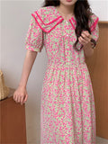 Chic Women Printed Peter Pan Collar Sweet New Loose Slim Florals High Waist Casual Dress