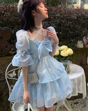 Summer Blue Sexy Fairy Elegant Sweet Party Mini Casual Designer Bow Chic Chiffon Lolita Dress