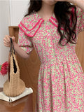 Chic Women Printed Peter Pan Collar Sweet New Loose Slim Florals High Waist Casual Dress