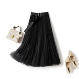 Spring Women Mesh Elastic High Waist A-Line Solid Pleated Skirts With Belt Elegant Streetwear