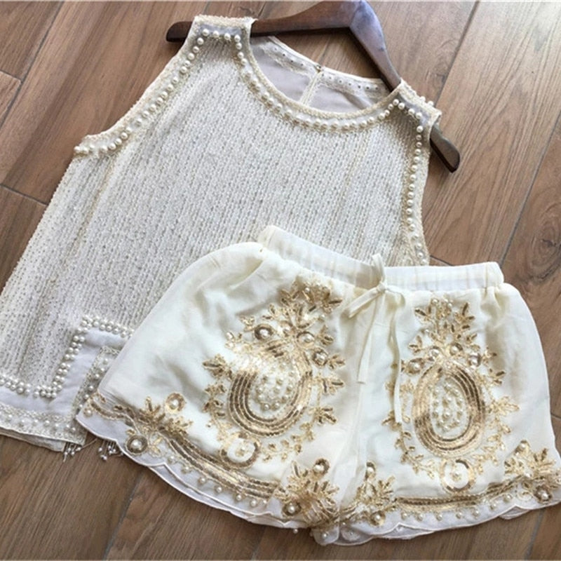 2pcs/Set Korean Holiday Summer Women Manual Beaded Pearl Tassel Chiffon Sequin Embroidery Loose Shorts