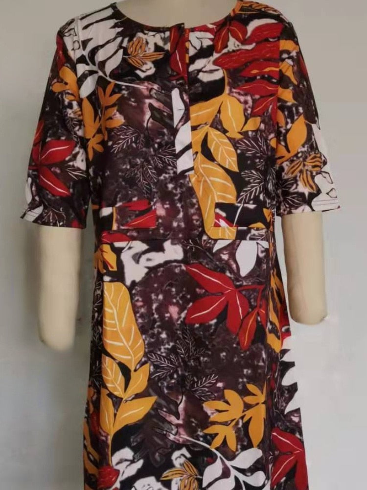 New Summer Flower Print Split V-neck Half Sleeve Retro Dress Casual Skirt